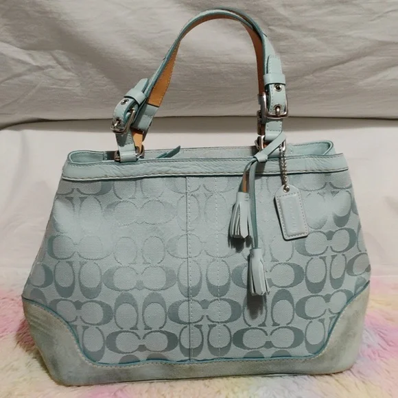 Auth Coach Denim Y2K Vintage Signature Baby Blue Handbag/Dust Bag